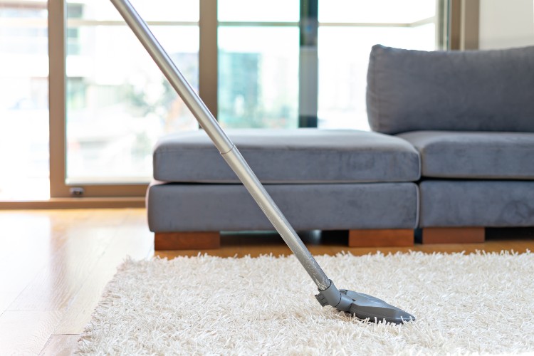 A close up of a vacuum cleaning a rug.